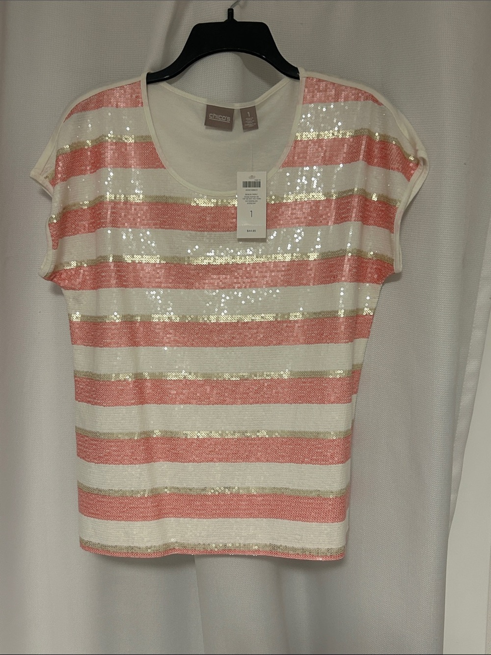 Chico's Pink & White Sequin Stripe Short Sleeve Top